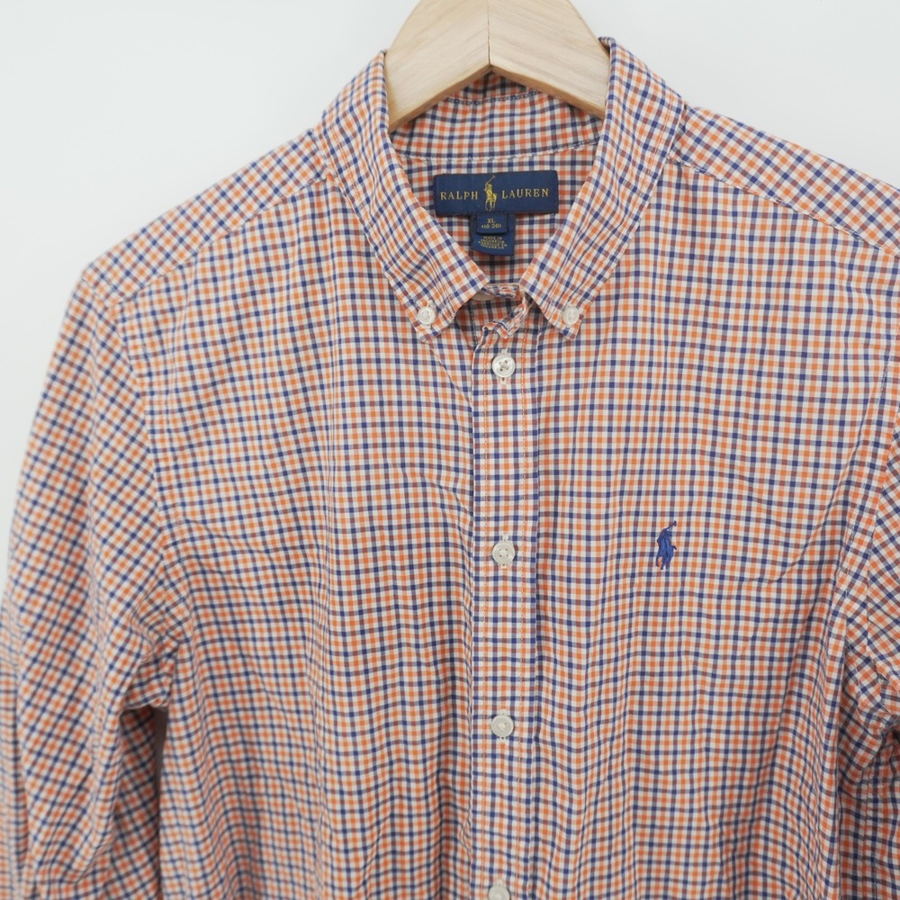 Ralph Lauren Button Down Shirt Boys XL 18-20 Orange Blue Gingham Check Cotton